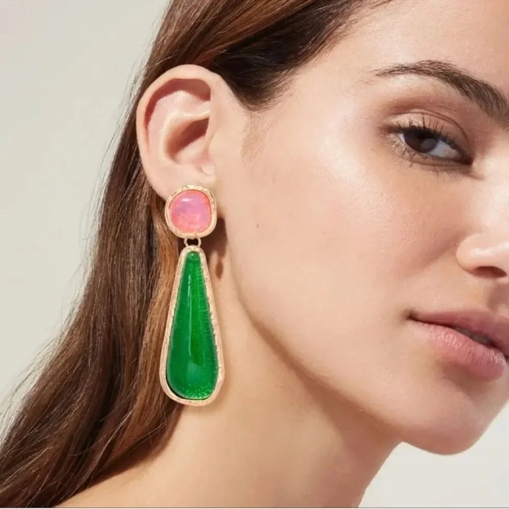 New! Green Pink Gold Resin Earrings - Picture 2 of 3